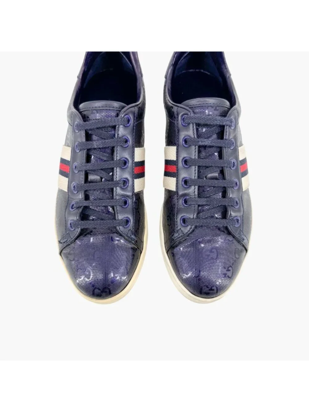 Gucci Low Top Sneakers EU 37 US 7 Navy Blue GG Monogram Impreme Logo Ace Shoe